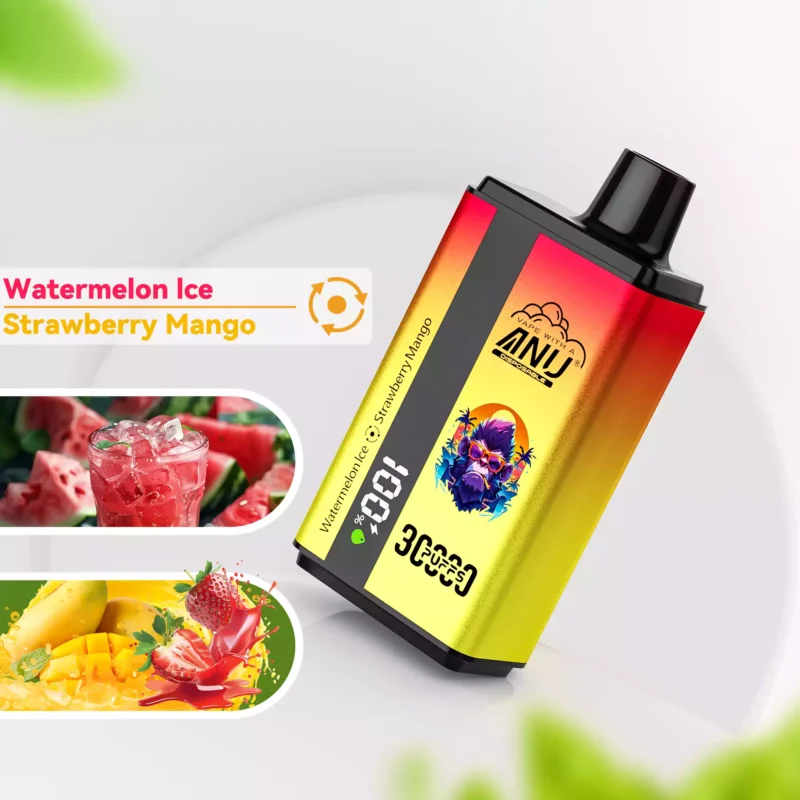 2025 Nieuwe Hoogwaardige ANU Dubbele Smaak 30000 Trekjes Watermeloen IJs en Aardbei Mango Wegwerp Vape uit EU Magazijn 0% 2% 3% 5% Nicotine en 36ml Capaciteit Mesh Coil Type-C Snelle Verzending 3