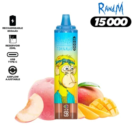 Best verkopende RandM Tornado 15000 Trekjes Perzik Mango Smaak Wegwerp E-sigaret met 0% 2% 3% 5% Nicotine Gehalten RGB-ontwerp 25 ml E-vloeistof 850 mAh Oplaadbaar Retail (1)