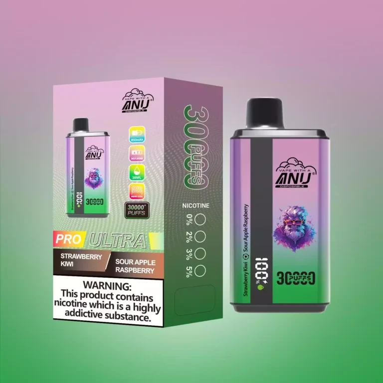 Hot Selling ANU Wegwerp Vape 30000 Trekjes Mesh Coil Aardbei Kiwi & Zure Appel Framboos Smaak capaciteit(1)