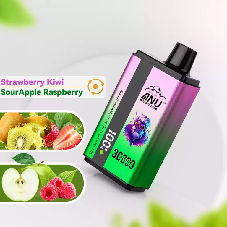 Home 40 Hot Selling ANU Wegwerp Vape 30000 Trekjes Mesh Coil Aardbei Kiwi & Zure Appel Framboos Smaak capaciteit(1) (2)