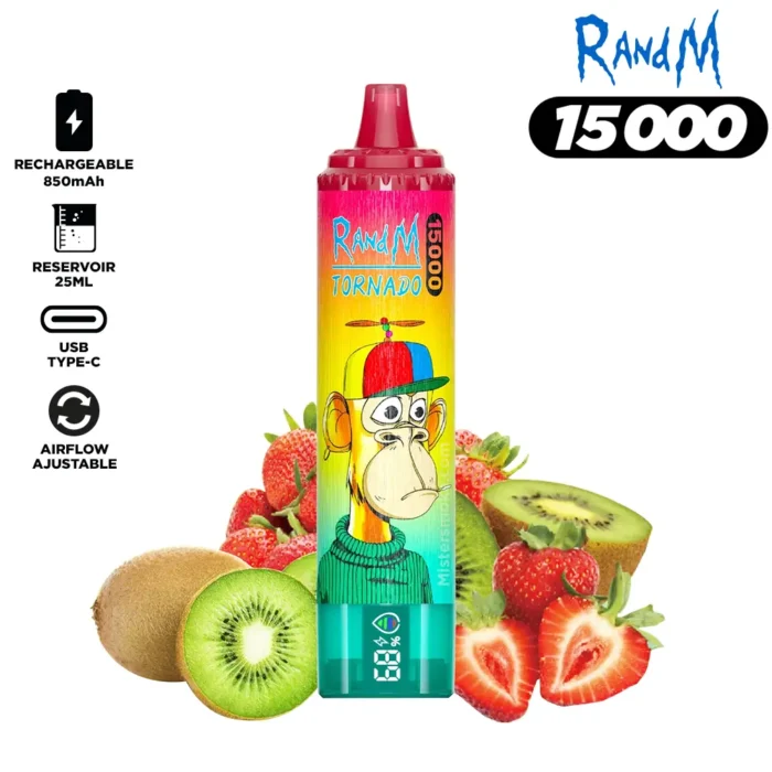 Populaire keuze RandM Tornado 15000 Trekjes Aardbei Kiwi Smaak Wegwerp E-sigaret met Nicotine Gehalten van 0% 2% 3% 5% en 25 ml E-vloeistof RGB-ontwerp 850 mAh Oplaadbaar Fabr (4)