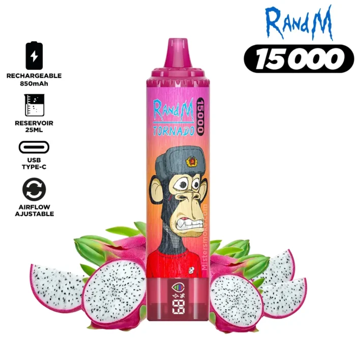 Topkeuze RandM Tornado 15000 Trekjes Drakenfruit Smaak Wegwerp E sigaret met Nicotine Gehalten van 0 2 3 5 en 25 ml E vloeistof RGB ontwerp 850 mAh Oplaadbaar Fabrikant Retail 1